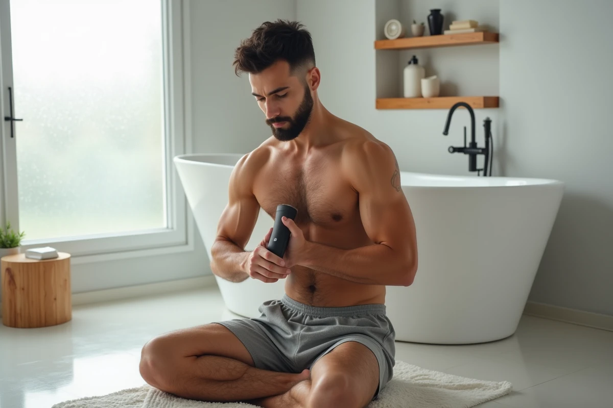 Homme utilisant un rasoir électrique pour l'entretien corporel assis dans une salle de bain moderne