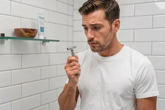 Homme jeune tenant un rasoir de sûreté classique dans une salle de bain moderne avec coffret de rasage pour débutant