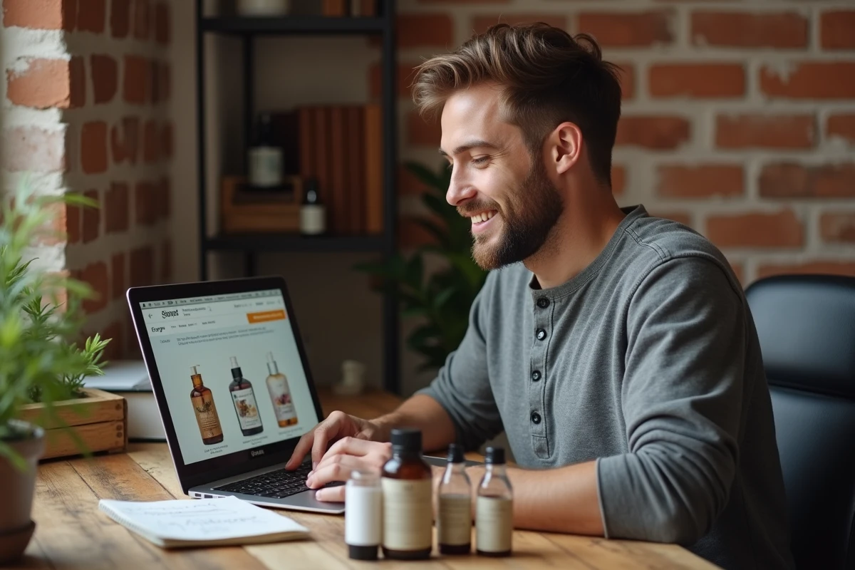 Homme consultant un site de fournitures aromathérapie sur laptop pour débuter en cosmétique DIY à petit prix avec un code promo
