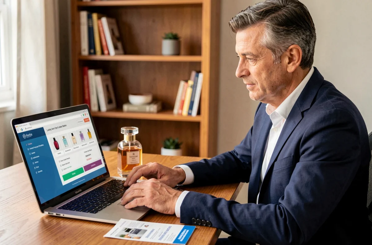 Homme recherchant des codes de réduction sur le site de La Grande Parfumerie depuis son bureau à domicile