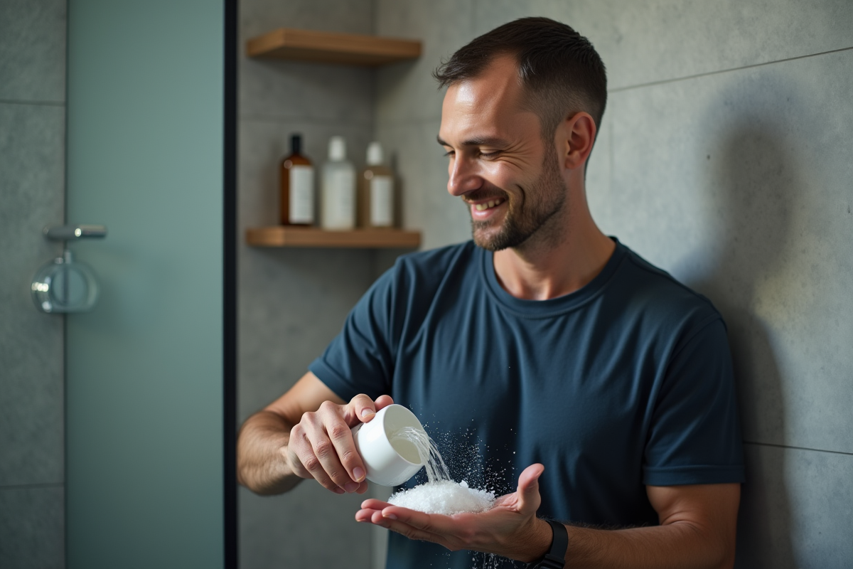 Homme versant du shampoing detox dans sa main dans la douche