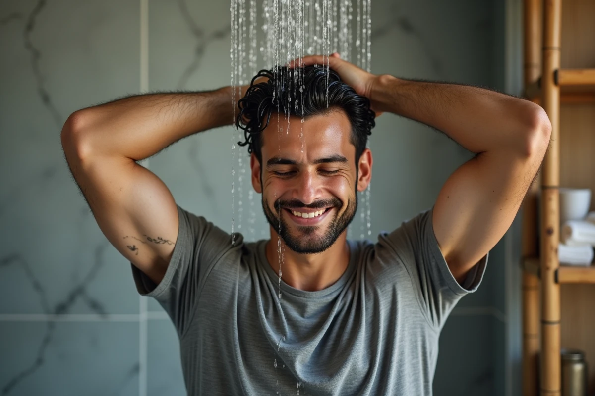 Homme rinçant ses cheveux hennastainés sous la douche