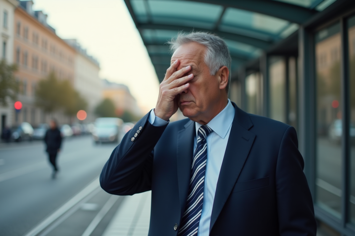 Homme en costume dans la rue en train de soupirer