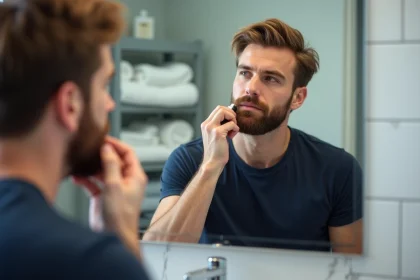 Homme appliquant soin barbe dans salle de bain moderne
