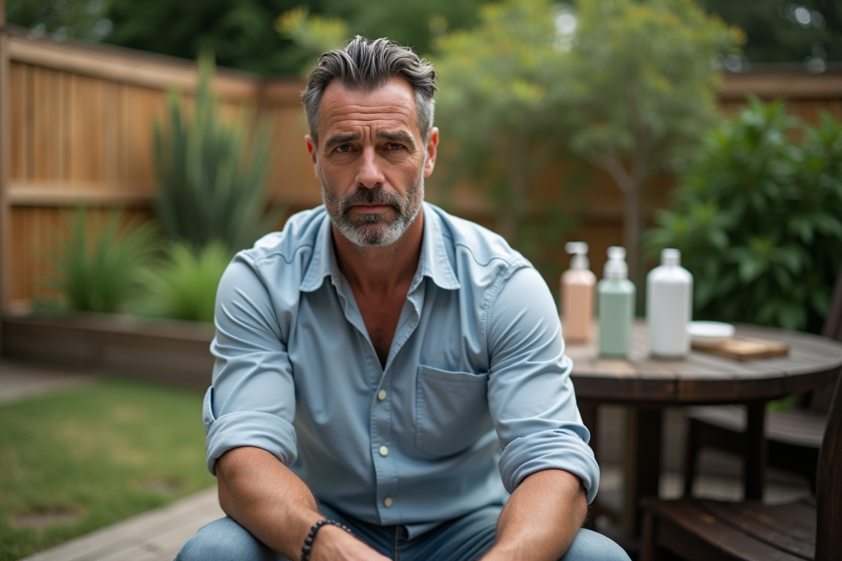 Homme se coiffant dehors dans un jardin avec produits capillaires