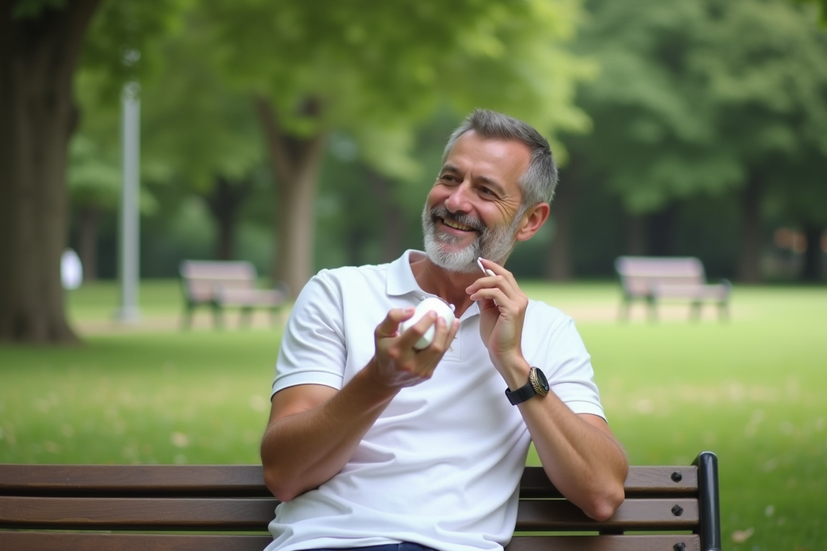 Homme de 40 ans appliquant une creme dans un parc ensoleille