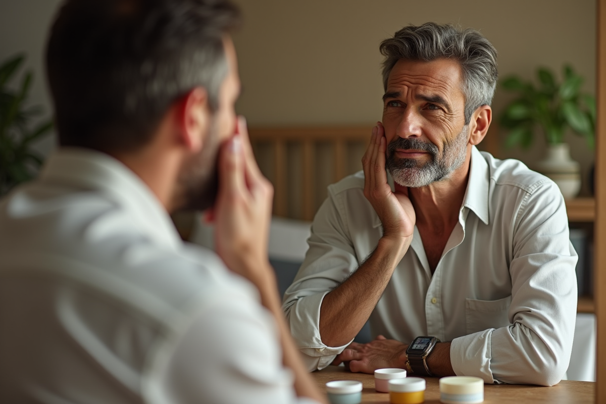 Homme appliquant des crèmes de soin dans une chambre lumineuse