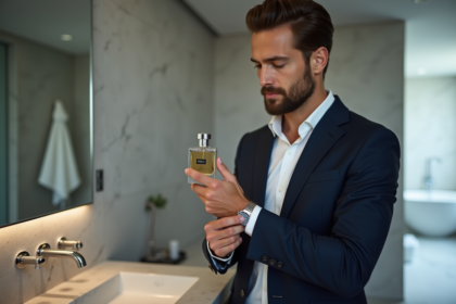 Homme élégant en costume navy avec parfum raffine