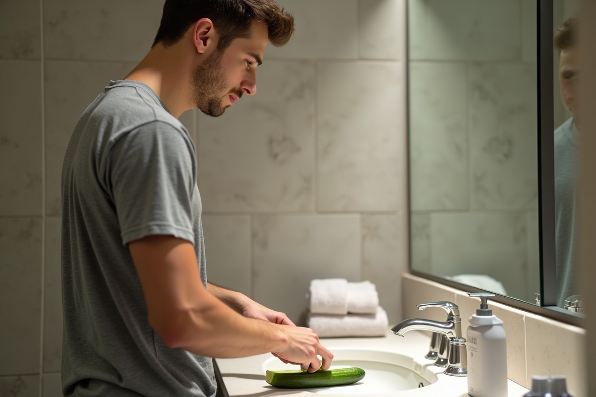 Homme coupant des rondelles de concombre dans la salle de bain