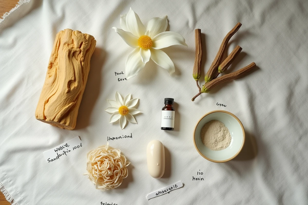 Vue de dessus d'ingrédients rares de haute parfumerie sur lin blanc : bois de santal, jasmin frais, absolue de rose bulgare, ambre gris et racines d'iris séchées