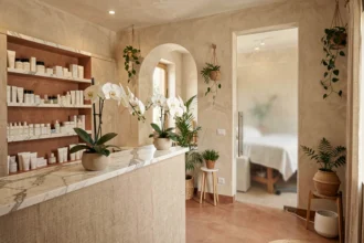 Intérieur d'un institut de beauté dans le Var avec accueil soigné, produits de soin et ambiance provençale moderne