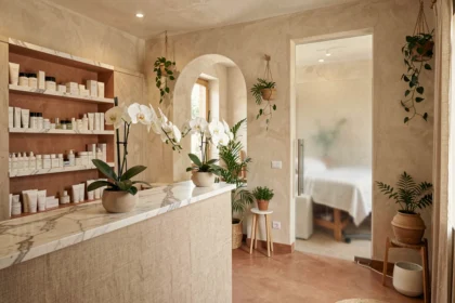 Intérieur d'un institut de beauté dans le Var avec accueil soigné, produits de soin et ambiance provençale moderne