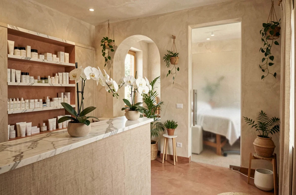 Intérieur d'un institut de beauté dans le Var avec accueil soigné, produits de soin et ambiance provençale moderne