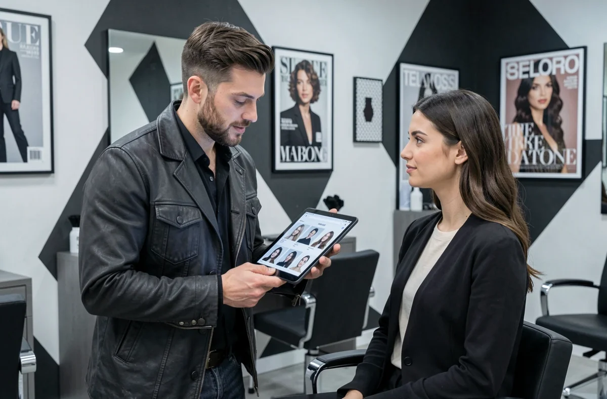 Styliste et cliente du salon Jean Louis David à Cergy consultant un lookbook tendance pour une coiffure contemporaine