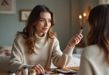 Maquillage adapté : comment choisir le meilleur pour votre type de peau ? Jeune femme appliquant du fond de teint dans son miroir