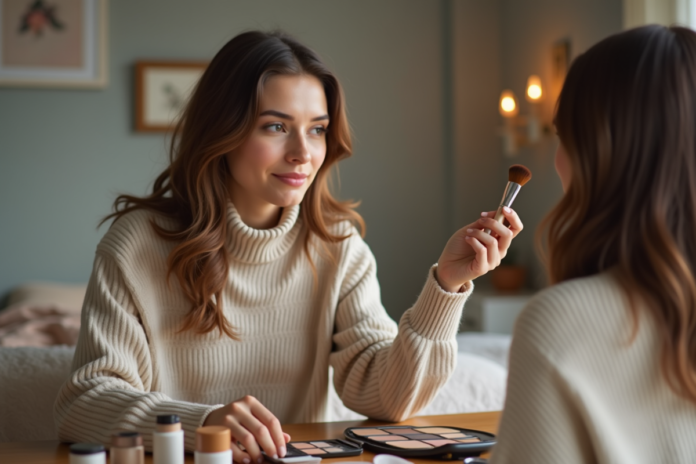 jeune-femme-beige-maquillage Jeune femme appliquant du fond de teint dans son miroir