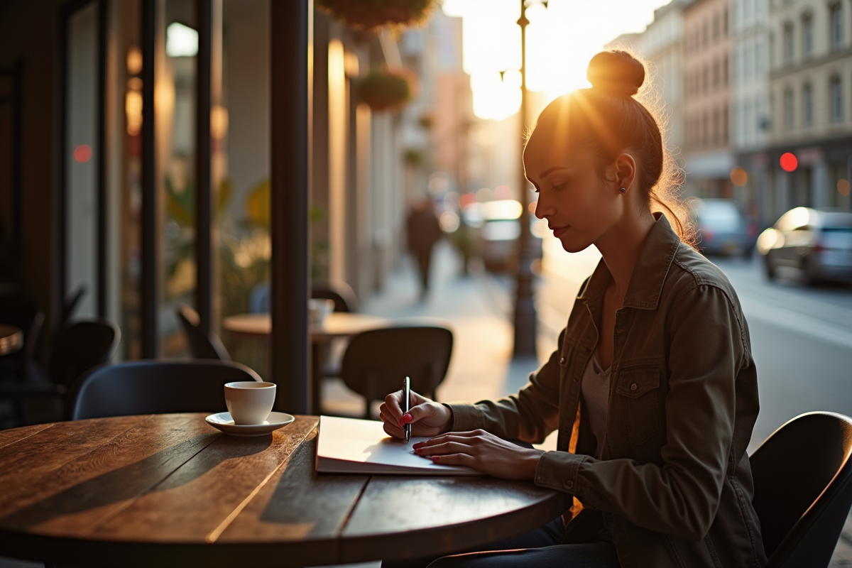Personne avec portfolio au café regardant l