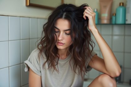 Jeune femme aux cheveux gras regarde ses cheveux