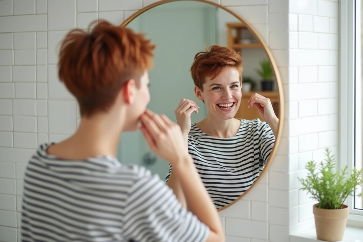 Jeune femme avec une coupe undercut courte auburn se coiffant devant un miroir rond dans une salle de bain moderne