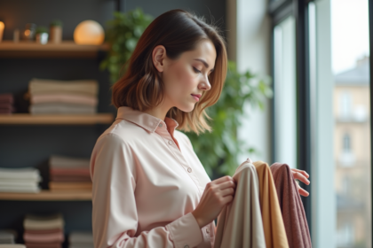 Jeune femme examine des échantillons de tissus dans un studio créatif