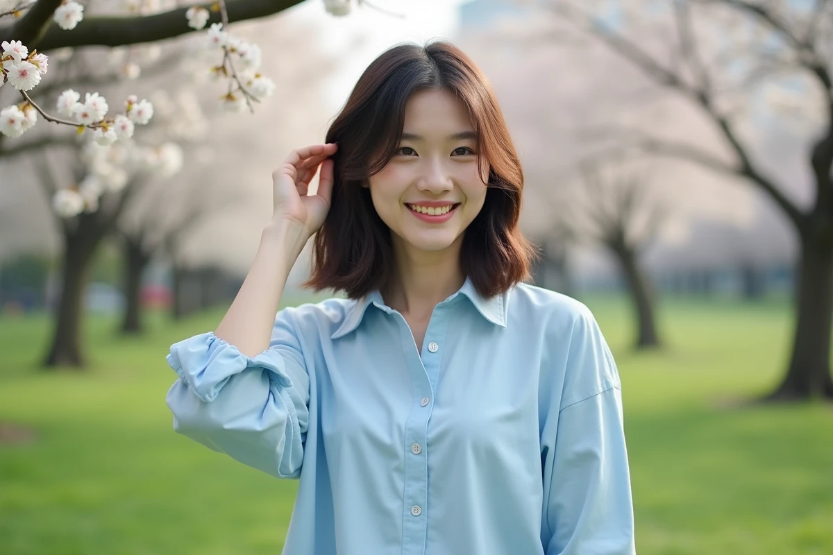 Jeune femme dans un parc urbain avec cheveux et fleurs en arrière-plan