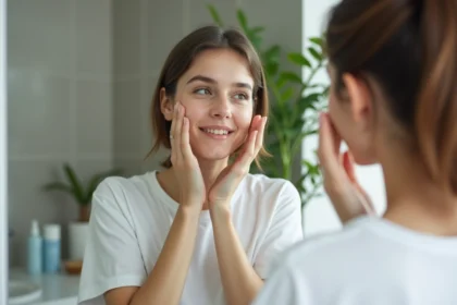 Jeune femme examine sa peau dans un miroir moderne