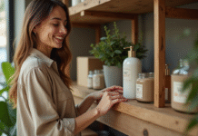 Cosmétique bio : actualités et tendances du marché en 2025 Jeune femme examine des produits de soins bio dans une boutique naturelle