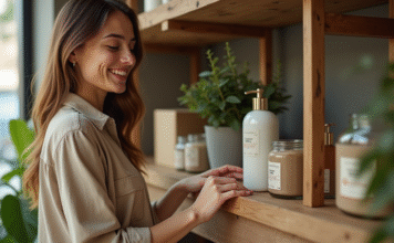 Cosmétique bio : actualités et tendances du marché en 2025 Jeune femme examine des produits de soins bio dans une boutique naturelle