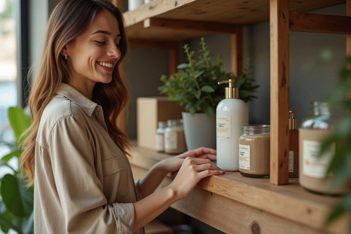 Jeune femme examine des produits de soins bio dans une boutique naturelle