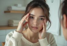 Jeune femme examine ses sourcils dans un miroir de salle de bain