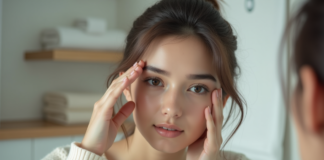 Boutons dans les sourcils : comment traiter cette zone sensible ? Jeune femme examine ses sourcils dans un miroir de salle de bain