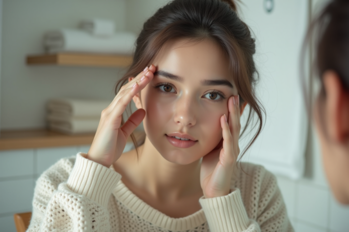 Jeune femme examine ses sourcils dans un miroir de salle de bain