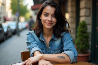 Jeune femme avec tatouage triangle sur bras en ville