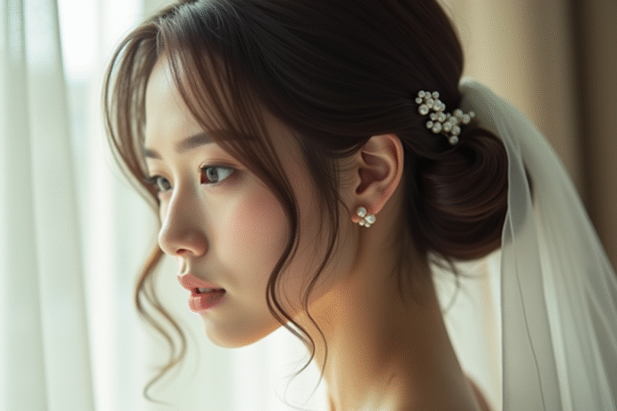 Mariée avec coiffure courte et accessoires en perles