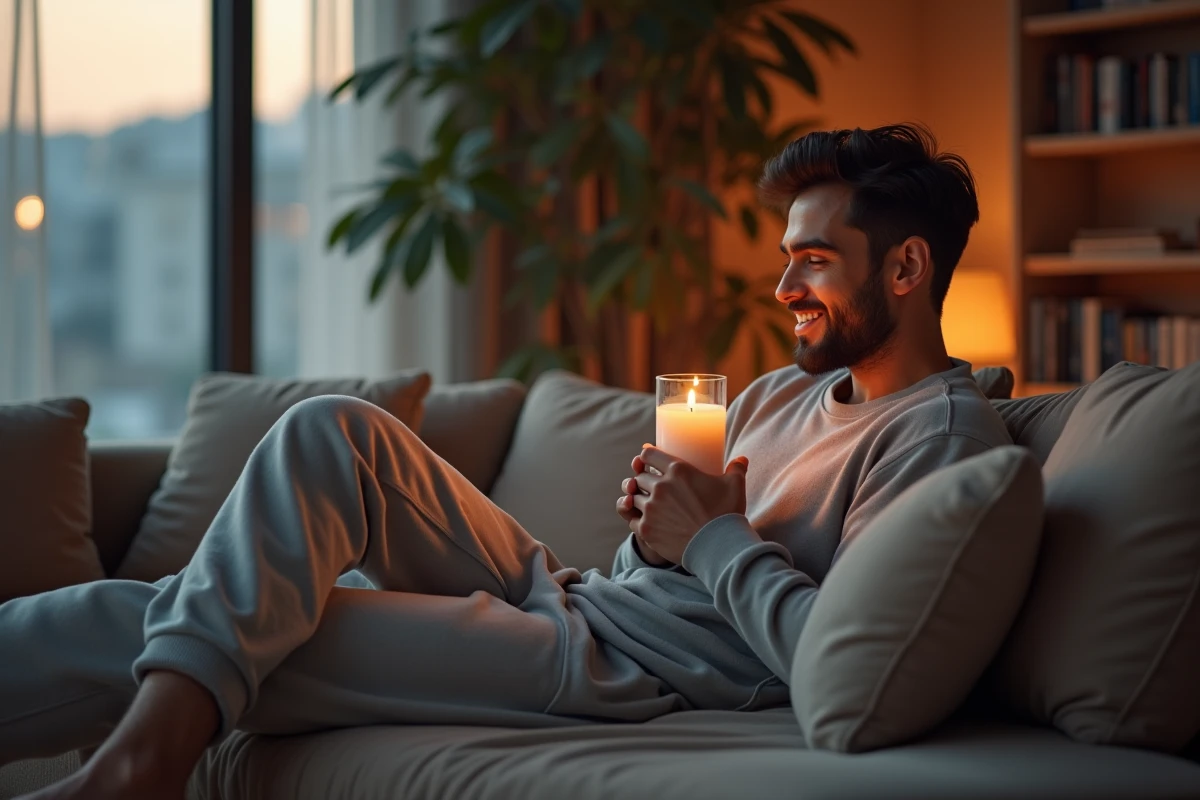 Jeune homme contemplant une bougie jasmin dans un intérieur moderne