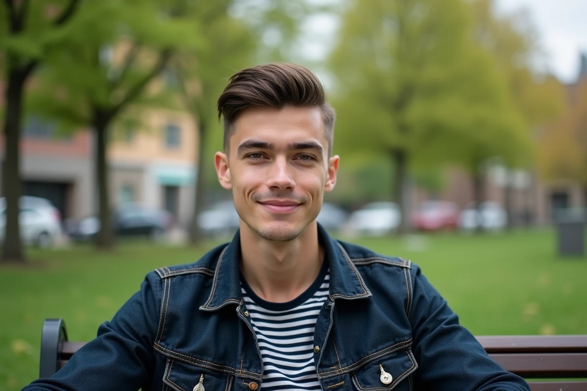 Jeune homme avec coupe casquette en plein air dans un parc