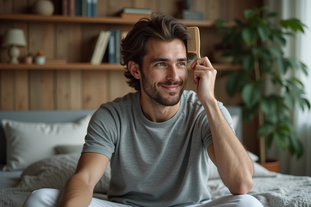 Jeune homme se coiffant dans une chambre cosy avec livres et plante