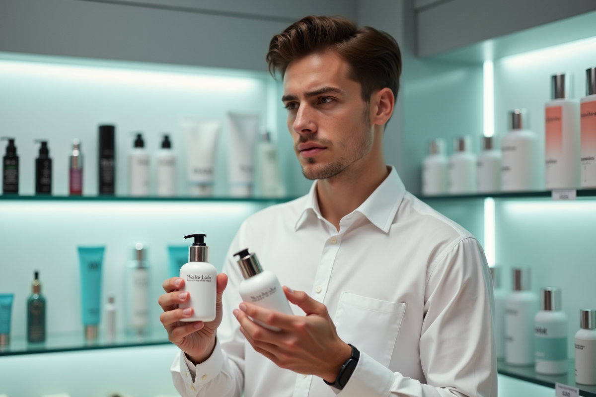 Jeune homme comparant des produits de soin en magasin de luxe