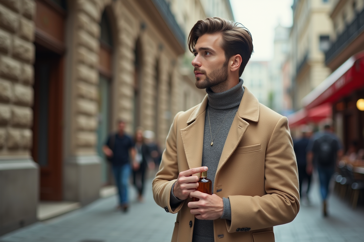 Jeune homme en manteau beige avec parfum en ville