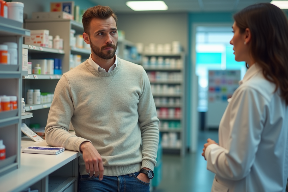 Jeune homme discutant avec un pharmacien dans une pharmacie