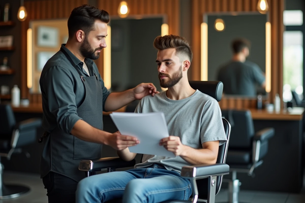 Jeune homme en salon de coiffure avec guide de style