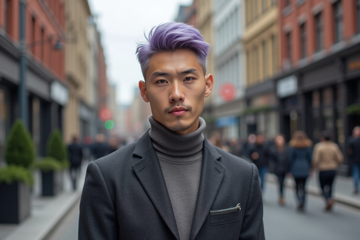 Jeune homme en blazer sur une rue urbaine animée