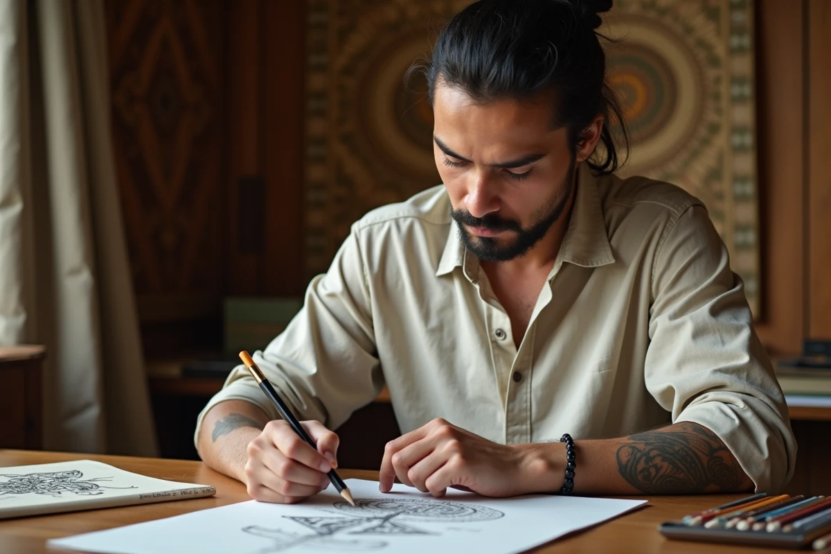 Jeune homme Maori en train de dessiner un kirituhi dans un intérieur traditionnel