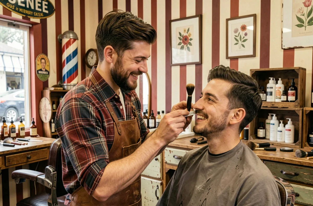 Barbier façonnant la moustache d'un client dans le salon La Moustachine à Séné, avec un intérieur rétro et artisanal aux accents vintage