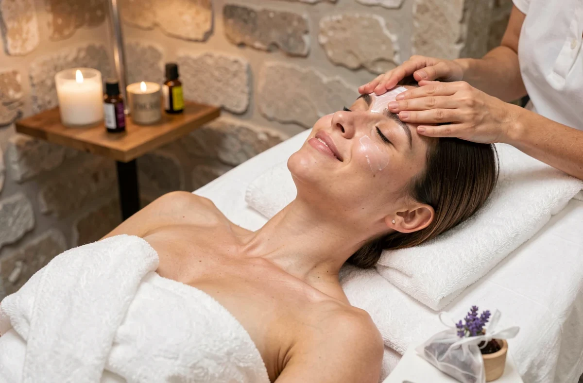 Soin du visage dans un institut de beauté à Toulon, cliente allongée sur table de soin avec masque facial