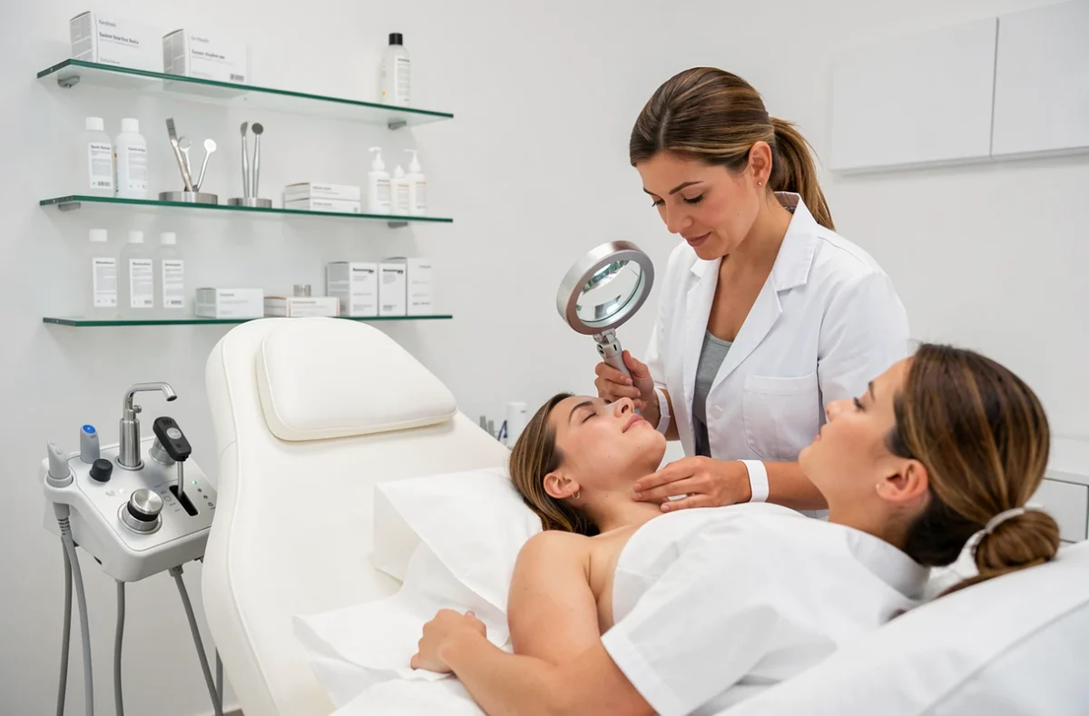 Cabinet de soins esthétiques Lignes Pures à Saint-Raphaël, esthéticienne examinant la peau d'une cliente