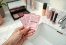 Main d'une femme tenant des sachets Sephora sur un vanity en marbre blanc
