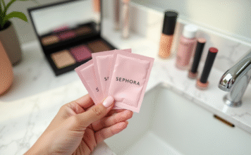 Main d'une femme tenant des sachets Sephora sur un vanity en marbre blanc