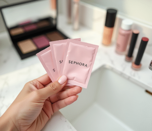 Main d'une femme tenant des sachets Sephora sur un vanity en marbre blanc