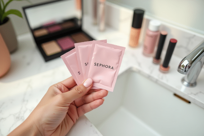 Main d'une femme tenant des sachets Sephora sur un vanity en marbre blanc